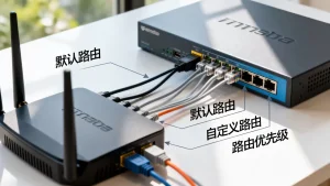 默认路由和自定义路由在转发时如何被优先选择，路由优先级顺序？