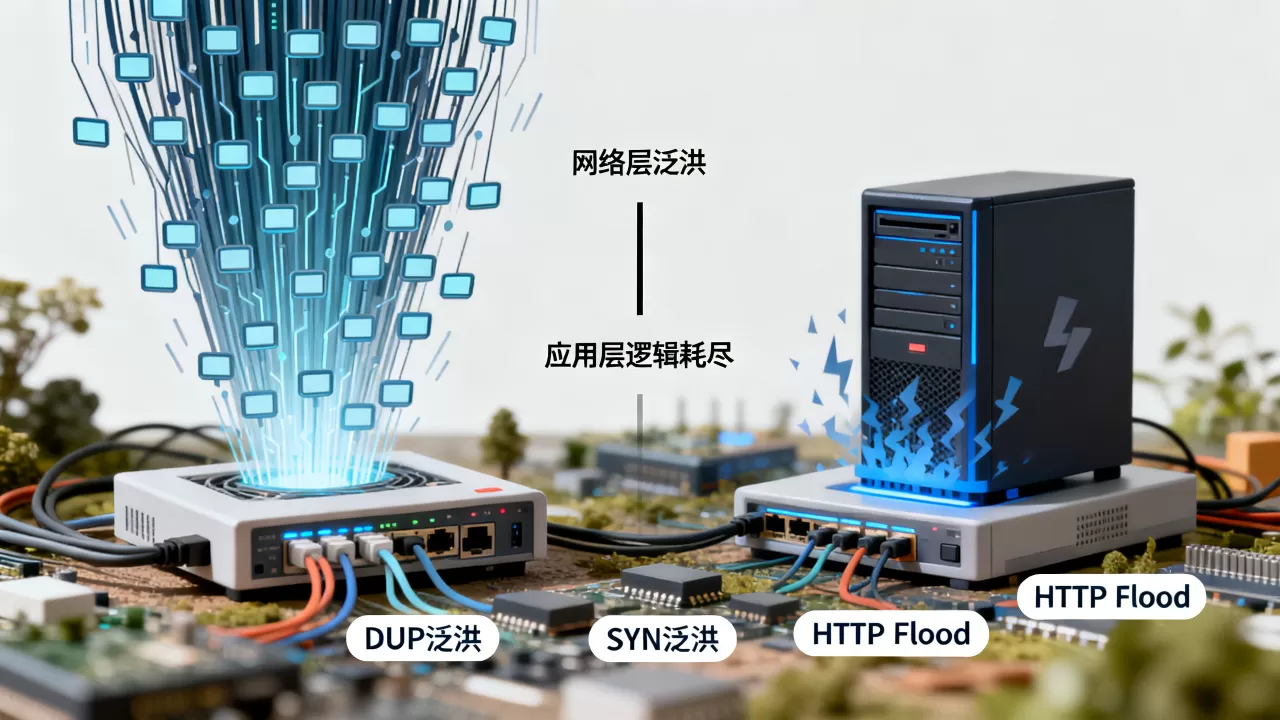 网络层泛洪与应用层逻辑耗尽有何区别，DDoS攻击类型怎么区分？