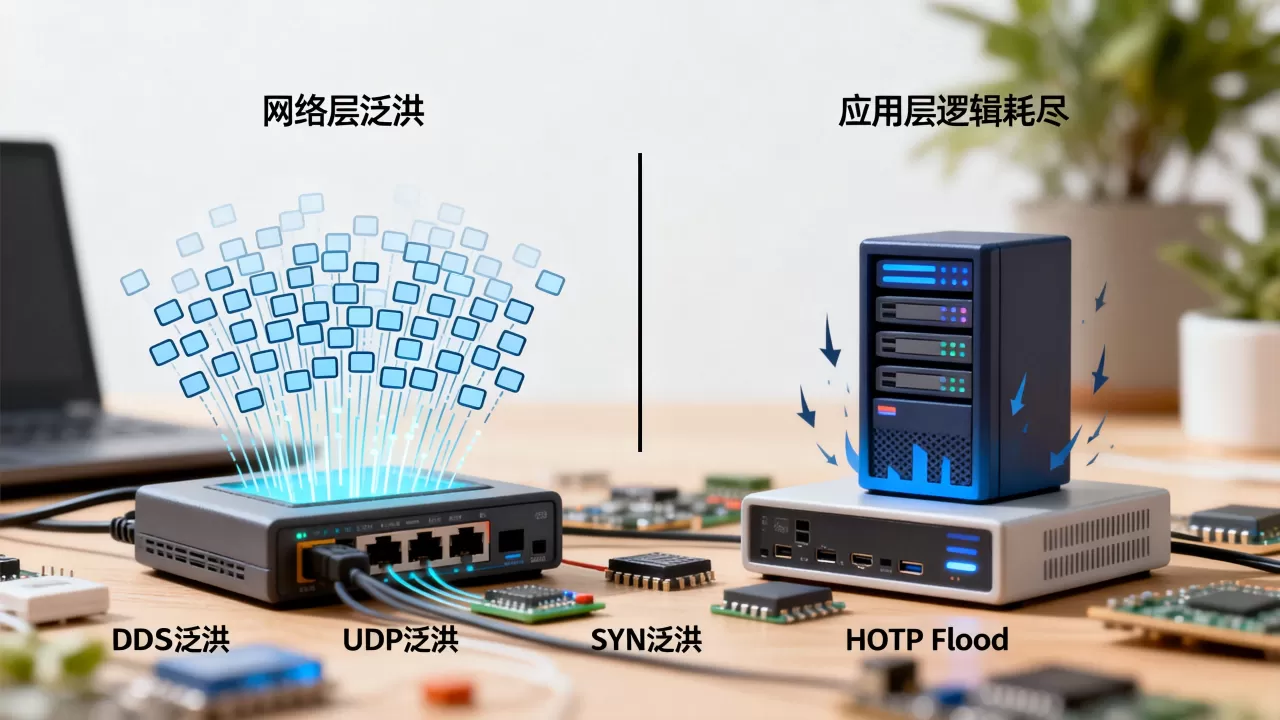 网络层泛洪与应用层逻辑耗尽有何区别，DDoS攻击类型怎么区分？