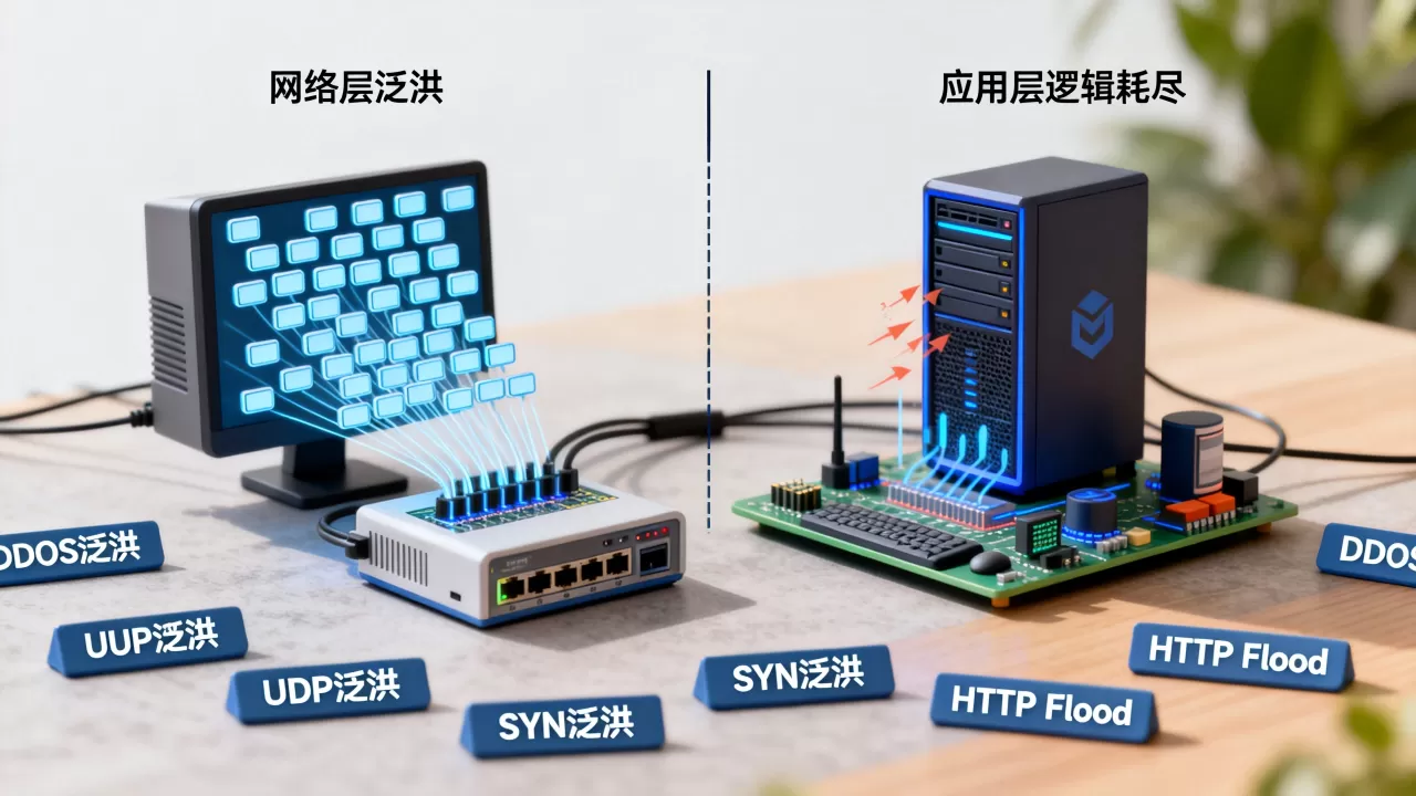网络层泛洪与应用层逻辑耗尽有何区别，DDoS攻击类型怎么区分？