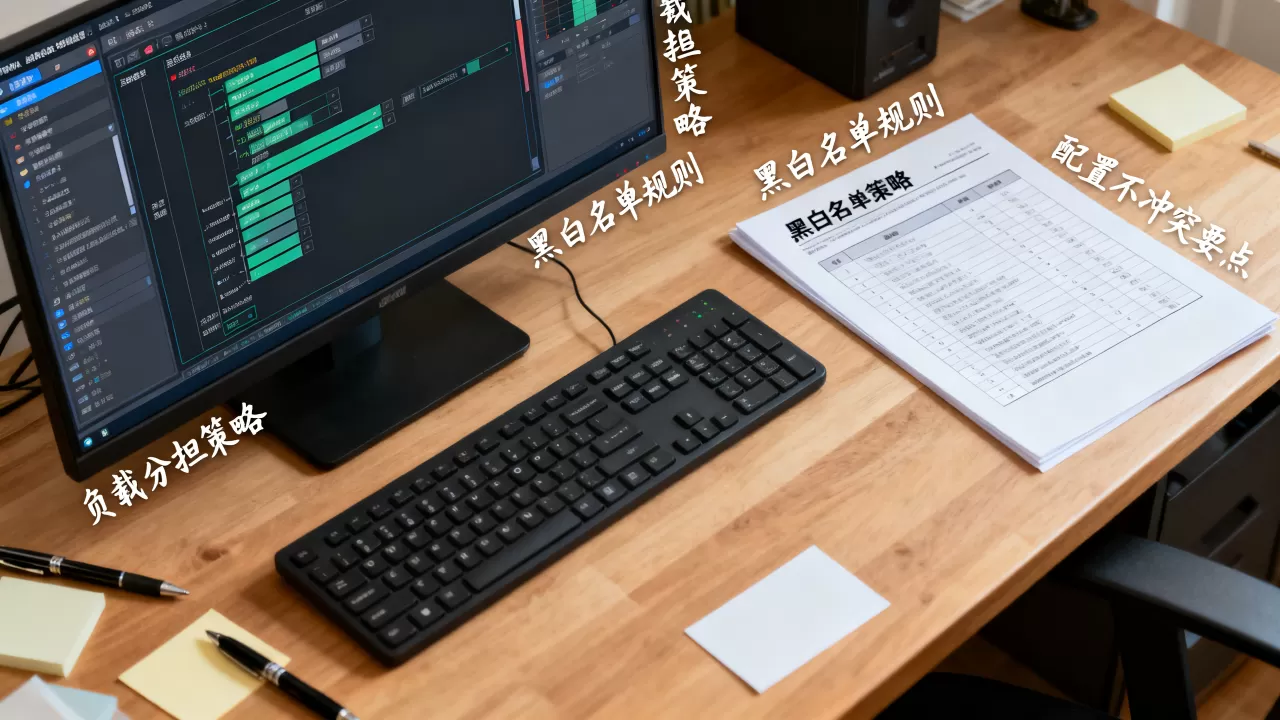 负载分担和黑白名单要怎么一起用，如何配置策略才能不冲突