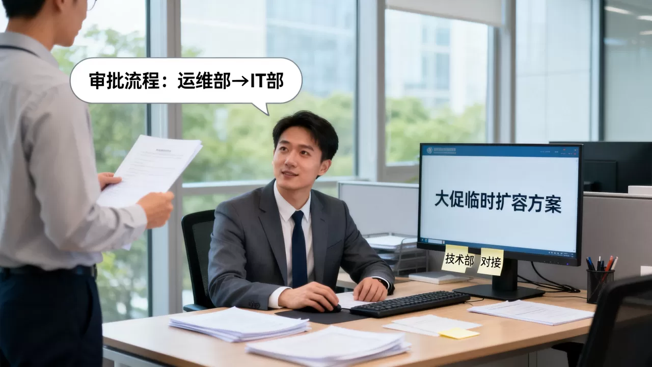 大促前的临时扩容应该提前去找谁对接，找哪个部门审批最快？