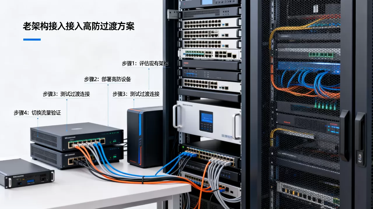 老架构改造接入高防的过渡方案怎么设计，有哪些关键步骤？