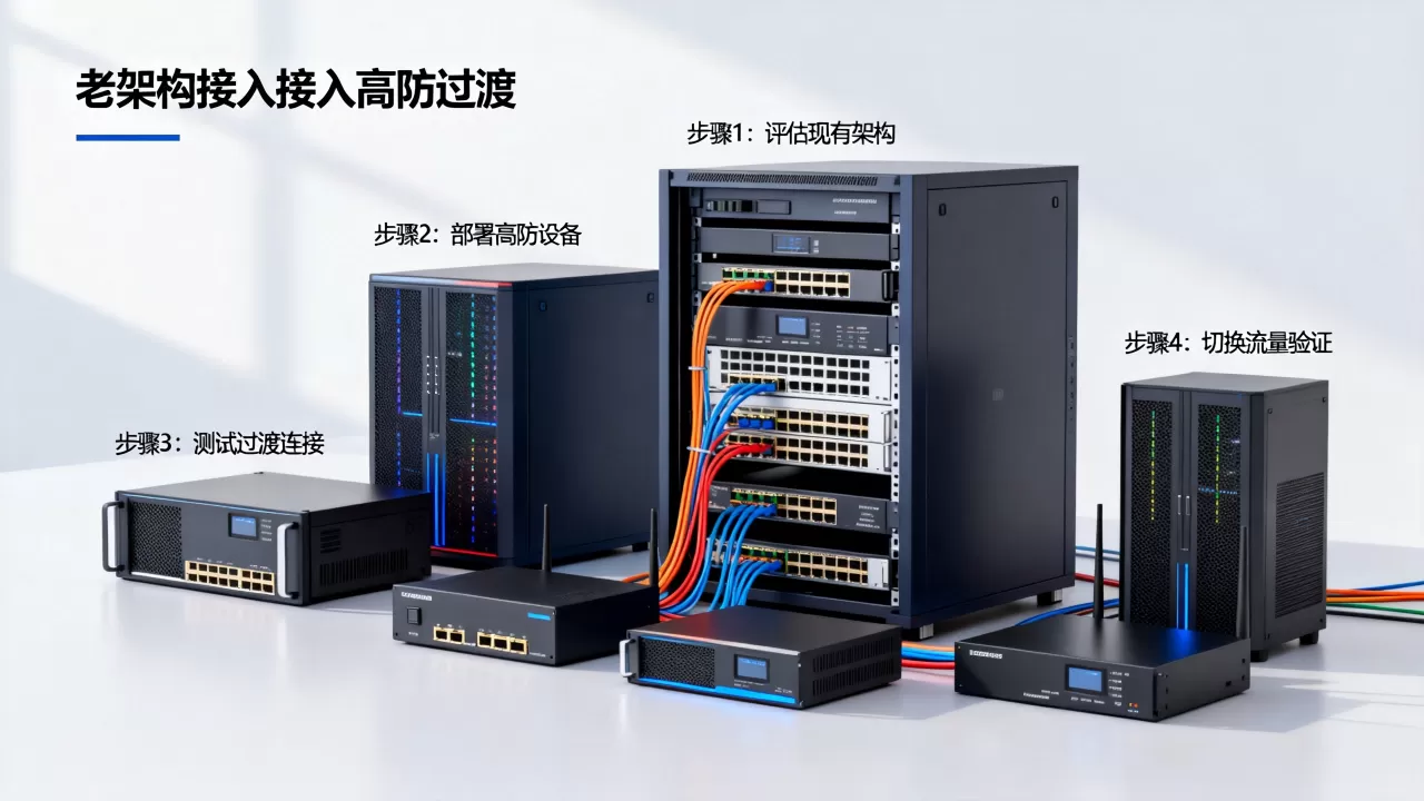 老架构改造接入高防的过渡方案怎么设计，有哪些关键步骤？