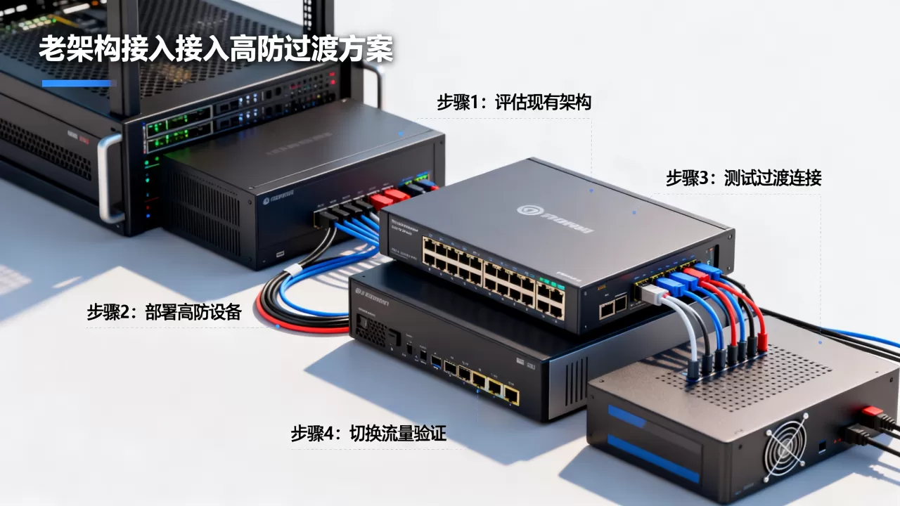 老架构改造接入高防的过渡方案怎么设计，有哪些关键步骤？