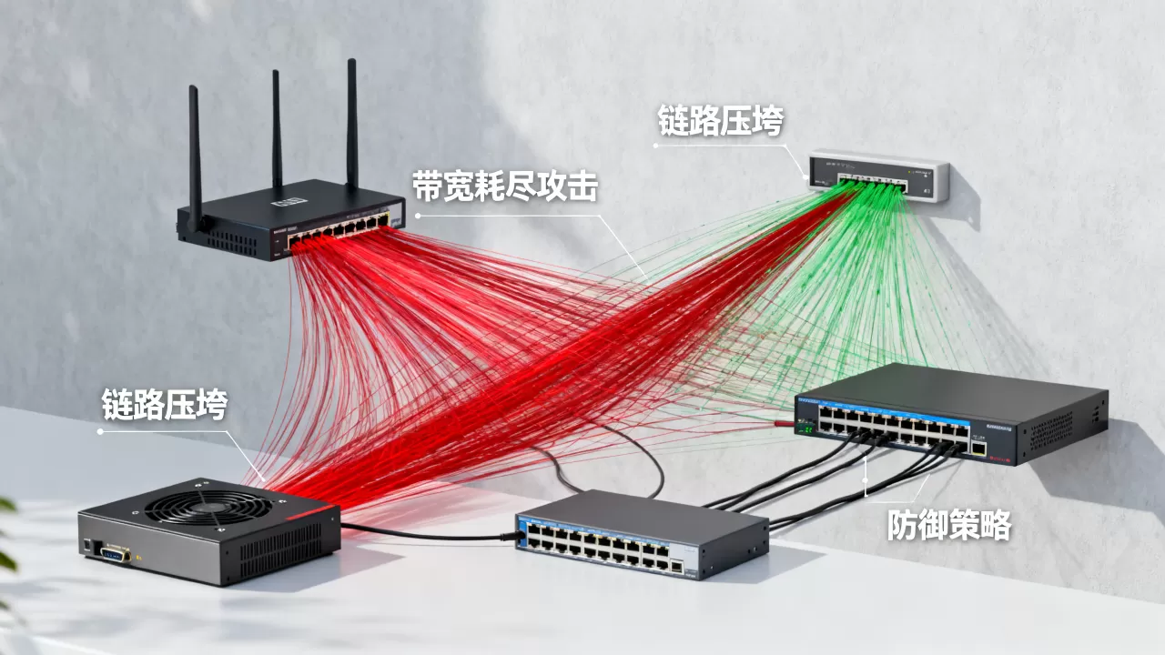 带宽耗尽型攻击靠什么方式压垮链路，如何防御缓解？