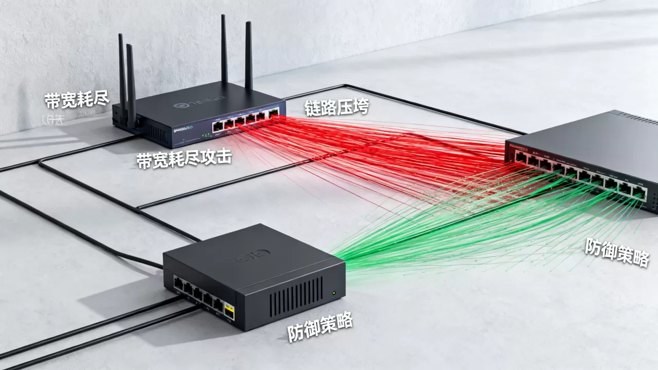 带宽耗尽型攻击靠什么方式压垮链路，如何防御缓解？